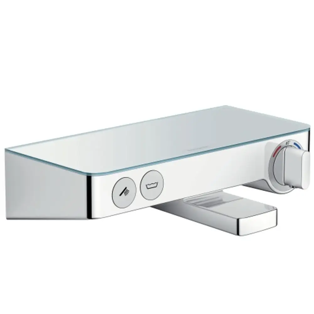 Chrom-farbener Wandthermostat von Hansgrohe mit Bedienknopf und zwei Symbolen für Handbrause und Wanne, rechteckige Form mit glatter Oberfläche.